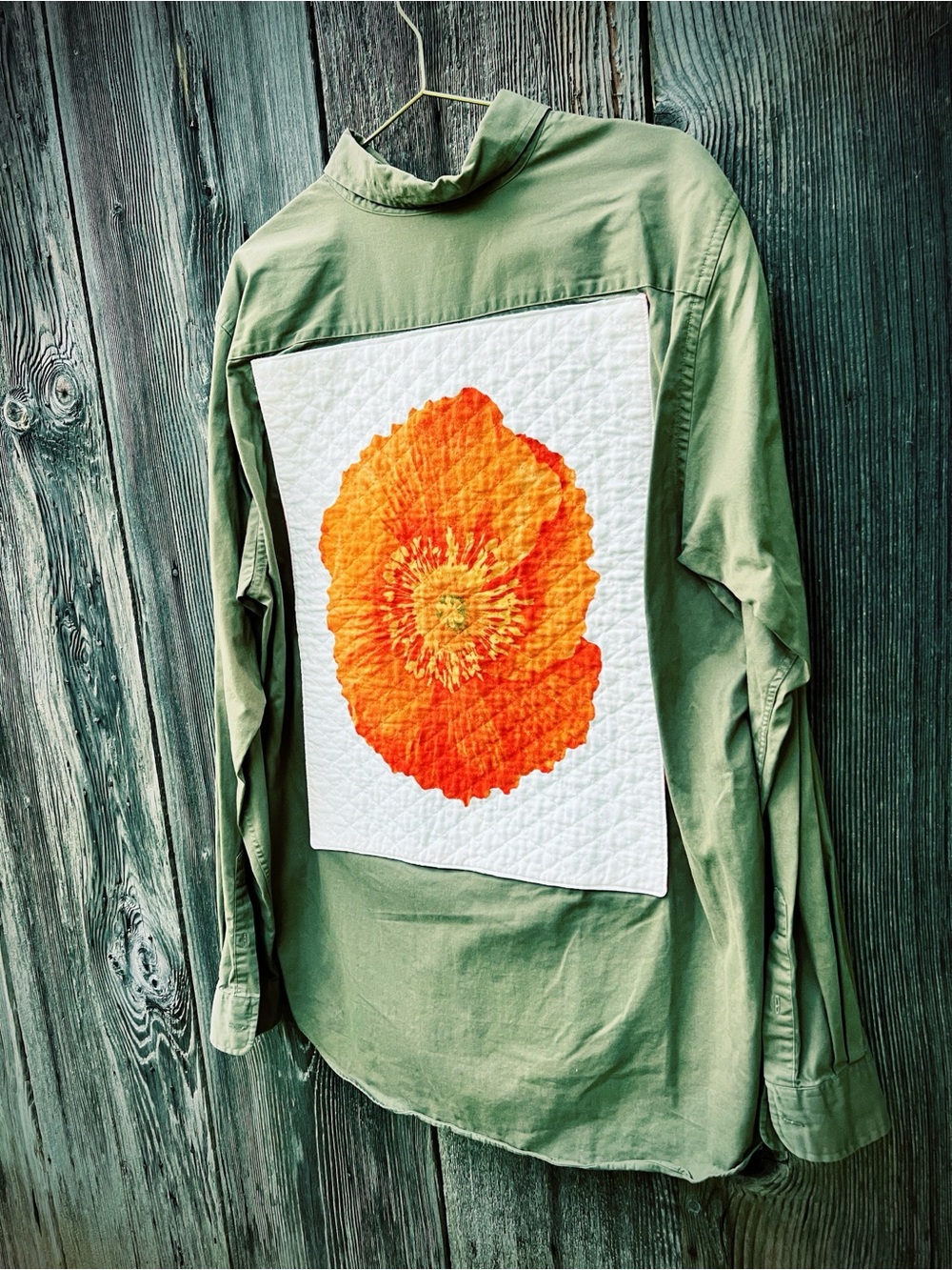 Olive Green Button-Up Shirt with Vibrant Orange Floral Quilt Patch